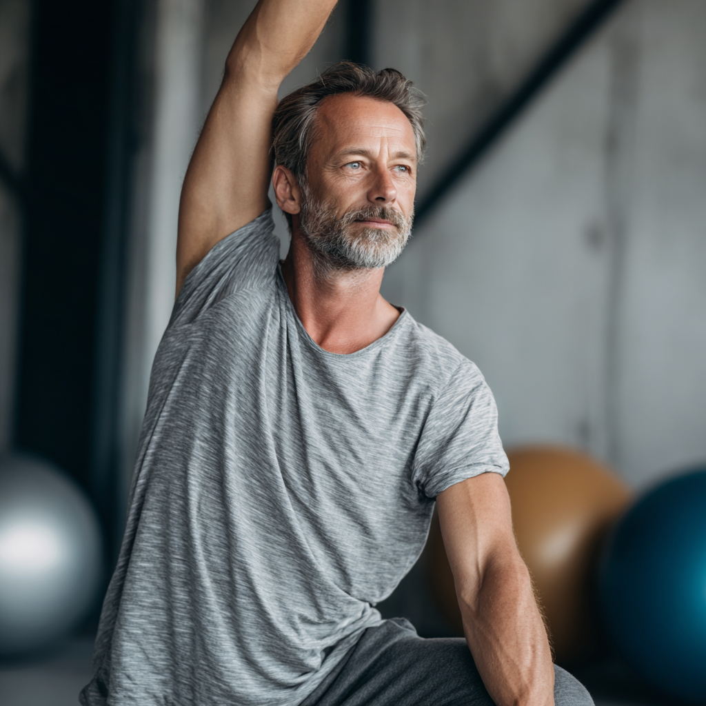 Smiling European man in his 30s doing light stretching exercises in a modern gym, wearing comfortable workout clothes, natural lighting, realistic photography style