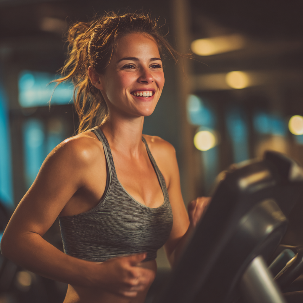 Happy European woman in her 40s meditating after workout, peaceful expression, gym environment with natural light, realistic photography style